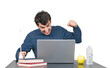 © 1STunningART - Mad young man seated at the working desk punching his laptop screen. Hard learning, overworked male looking furious and aggressive as hits his computer, isolated portrait on transparent background