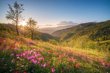 Wall Mural - Sunrise over mountain hills covered with blooming flowers