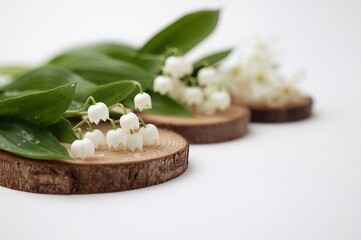 Wall Mural - Wooden planks adorned with lily of the valley flowers and empty space