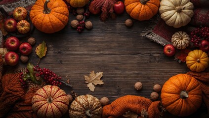 Wall Mural - Seasonal arrangement with pumpkins, cozy blanket, dried leaves, apples, red berries, and walnuts on rustic wooden surface. Thanksgiving celebration theme. Overhead shot with ample copy space.