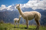 White Alpaca and Its Young, Mammal Native to the Andes