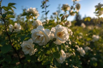 Wall Mural - Close-up of a white rose shrub blooming in a sunny garden with clear blue skies.