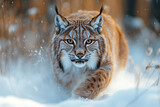 Portrait of a lynx wild cat in snowy winter forest looking alert and focused in natural habitat, generative ai image