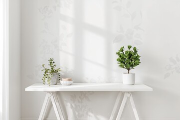 Wall Mural - Green plant on white desk against wall in cozy home setting, spring vibes with empty space