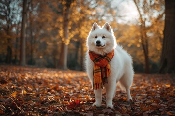 Wall Mural - Fluffy white dog wearing a cozy scarf in a fall forest