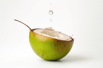 Wall Mural - Isolated green coconut with water droplet on white surface