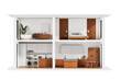 © ImageFlow - Cutaway view of a minimalist modern dollhouse-style home showing bedroom, bathroom, kitchen, dining, and laundry area, 3D Rendering, isolated white background