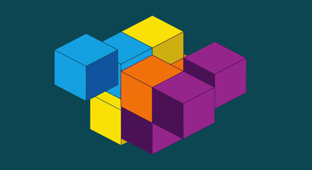 Isometric illustration of connected, colorful cube shapes arranged in an abstract 3D design