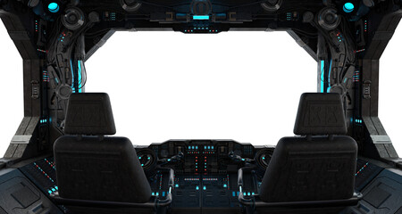 Wall Mural - Grunge dark spaceship cockpit with isolated cut out transparent window. Futuristic black starship interior with glowing lights. 3D rendering