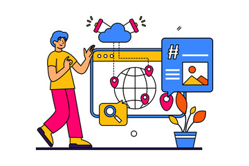 Flat Illustration of Man Interacting with Content Marketing Interface Featuring Globe and Cloud on Transparent Background