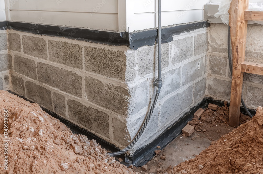 Indoor foundation waterproofing of a home using sprayed tar and bitumen ...