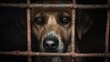 © ArtificialHorizons - A sorrowful dog peering through the grimy, rusted bars of a cage in a shelter.