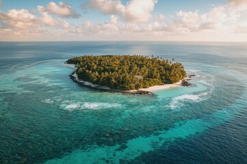 Wall Mural - Turquoise waters surround a small island under a partly cloudy sky