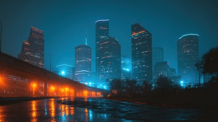 Wall Mural - Photrealistic Photograph of the Houston skyline in a cyberpunk aesthetic at nighttime, small orange and blue accents
