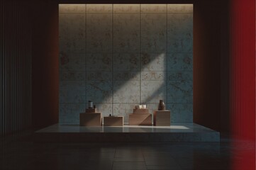 Wall Mural - Shadowed backdrop with marble flooring and diffused lighting, vertical wall for enhanced display, showcasing products on stage with advertising text in empty space