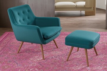 Wall Mural - Vintage teal armchair paired with a vibrant pink patterned carpet and matching ottoman