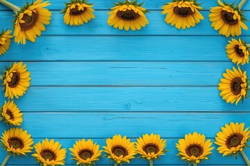Wall Mural - Seasonal banner featuring bright yellow sunflowers against a rustic blue wooden backdrop, ample empty area for creative use, aerial perspective, focus on the flowers