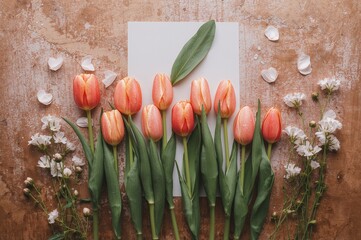 Wall Mural - Top view of a single tulip with a leaf arranged on a wooden surface, perfect for Mother's Day and Valentine's Day celebrations.
