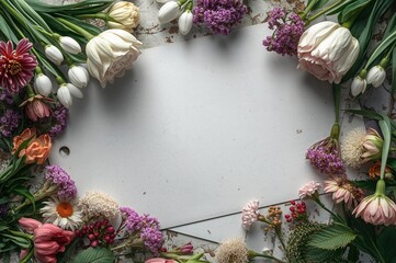 Wall Mural - Spring flowers and a blank notebook on a rustic table with copy space