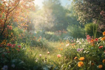 Wall Mural - vibrant floral garden scene with bright blossoms and lush greenery