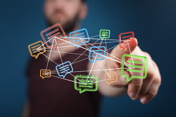 Man interacting with a network of digital message icons, highlighting concepts of communication, social media, and global interconnectedness.