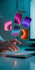 Hand using keyboard with digital interface and abstract elements