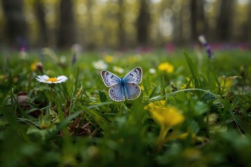 Wall Mural - detailed view of a tiny blue butterfly in a natural setting