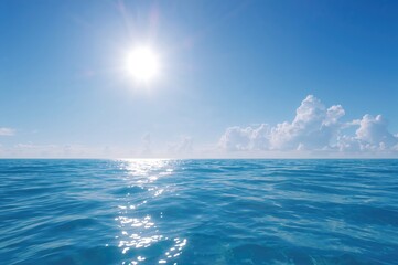 Wall Mural - A bright sun shining over a vast azure ocean under a clear sky created with AI technology