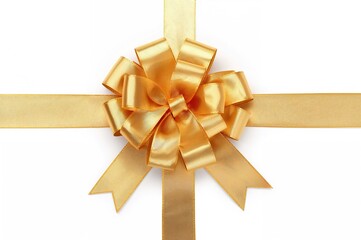 Wall Mural - Glossy golden bow with ribbon on a white background