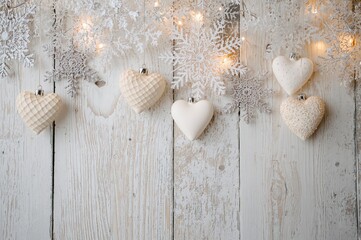 Wall Mural - Heart-shaped decorations and snowflakes suspended against a white wooden backdrop