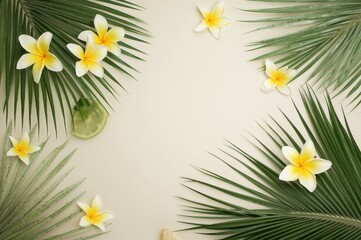 Wall Mural - Tropical palm leaves and frangipani blossoms on a bright summer backdrop, viewed from above.