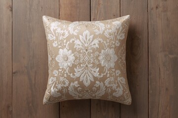 Wall Mural - Cozy plush cushion resting on a timber surface