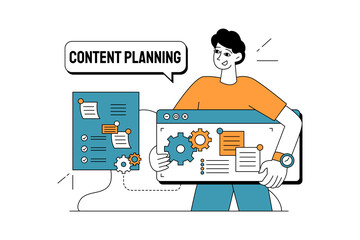 Young Man Planning Content Strategy with Digital Interface and Gear Mechanism on Transparent Background Digital Illustration in Blue and Orange Colors