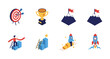 © 123levit - Success icons: target, trophy, mountain, rocket with isometric design