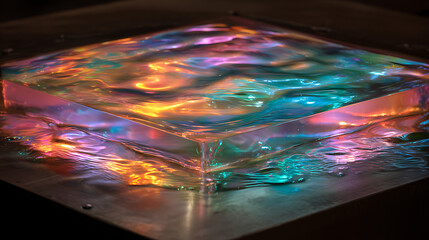 Wall Mural - Holographic display interacting with a sheet of flowing liquid mercury showing dynamic light patterns and texture details, a holographic mercury interaction.