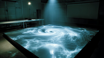 Wall Mural - Holographic display interacting with a sheet of flowing liquid mercury showing dynamic light patterns and texture details, a holographic mercury interaction.