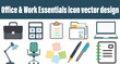 © Technical Atik - Office and work essentials icon set vector design .A collection of flat vector icons representing common office supplies and work tools for business and productivity.