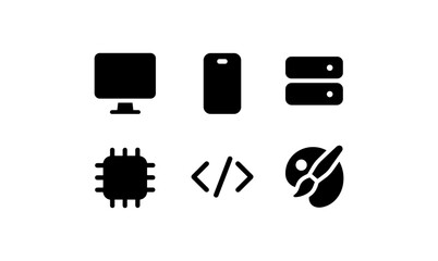Minimalist technology icons set: coding, hardware, and design elements