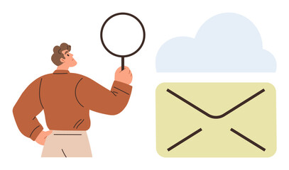 Person holding magnifying glass analyzes yellow envelope below a cloud. Ideal for communication, cloud storage, email security, message search, data analysis, technology concepts, simple flat