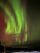 © Olga - Bright green aurora borealis with red hues dancing over a dark winter landscape under starry sky