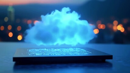 A glowing cloud floats above a digital surface with circuit board design. Background includes city lights