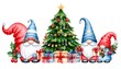 © ilustrasi - Three Christmas gnomes stand around a decorated Christmas tree