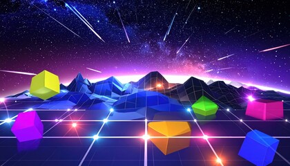 Wall Mural - Majestic digital artwork showcasing a retro-inspired scene, portraying a mountainous terrain with geometric shapes, and set against a backdrop of a starry galaxy with shooting stars, creating a...