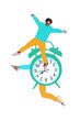 © deagreez - Vertical poster collage young man laughter falling levitate flight alarm clock bell deadline legs body fragments run go countdown schedule