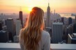 © starush - Woman with long blonde hair overlooking a city skyline at sunset with tall buildings and a vibrant sky