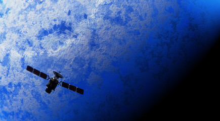 Wall Mural - Satellite in Space passing planet, 3D animation