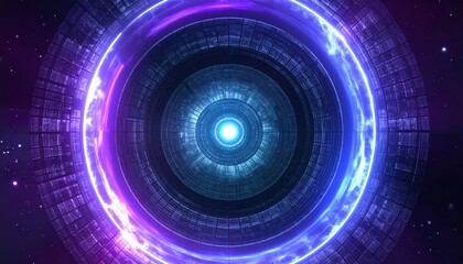 Wall Mural - Intricate circular design showcases glowing neon lines and celestial bodies against a dark, cosmic background, giving off an ethereal, futuristic, and digital atmosphere with captivating neon light...