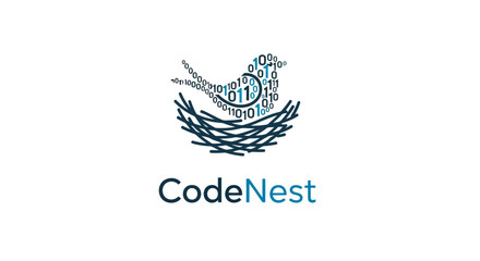 Code nest logo design with bird and binary code for software company vector design