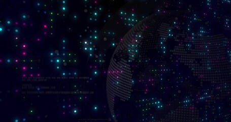 Wall Mural - Floating stylized digital globe in digital space, showing colored data clusters and binary pixels