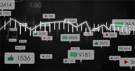 Wall Mural - Displaying abstract visualization in dark dashboard, with white line graph and social metrics icons
